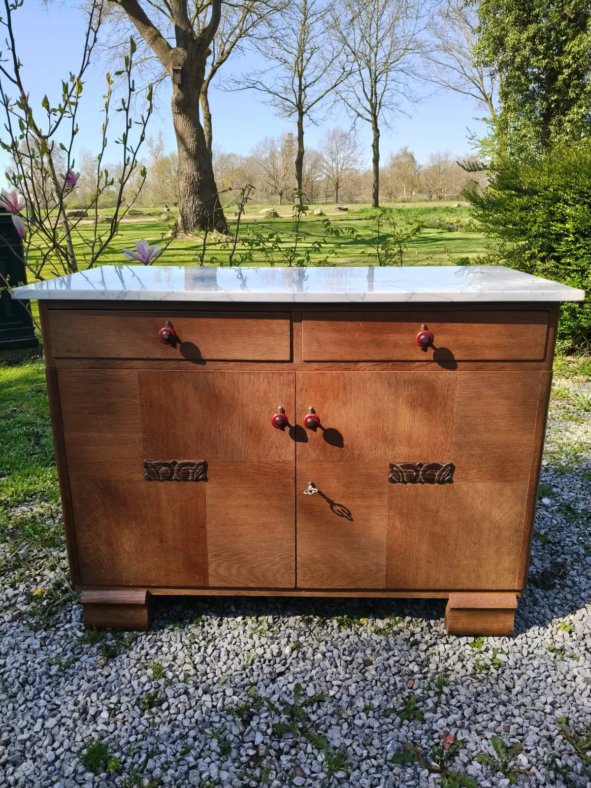 Jaren '30 Art Deco dressoir met Carrara marmeren blad